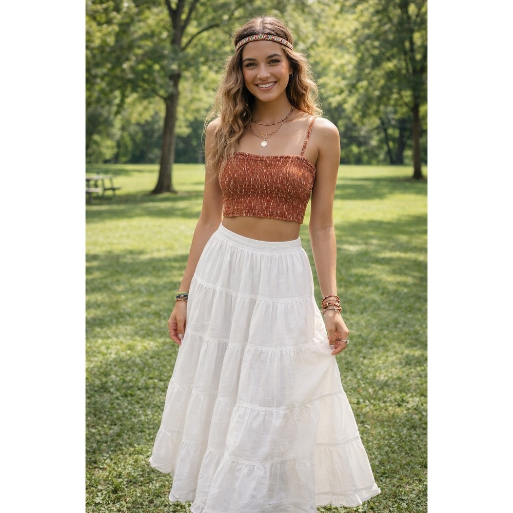 A New Day Womens L Top BrownWhite Smocked TinyCrop AdjustableStraps NWT Festival